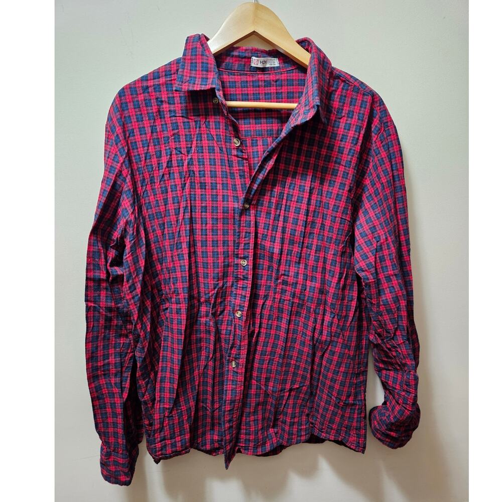 H2H Mens Red Blue Plaid Cotton Long Sleeve Button-Up Shirt 2XL ~ Korean Fashion